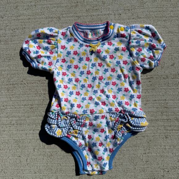 90s Gymboree Bold Primary Color Floral One Piece snap bottom hem ruffles INFANT - Picture 1 of 10